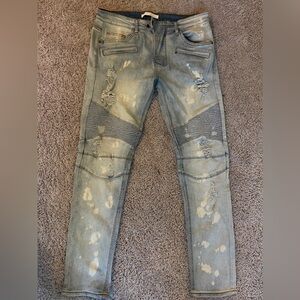 Distressed Light Wash Men’s Biker Jeans - Light Blue